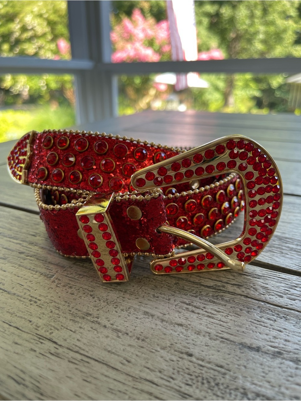 Western Red Rhinestone Embellished Women's Belt - Gold Buckle